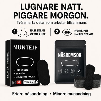 SleepSeal™ – Näsremsor & Muntejp för natten