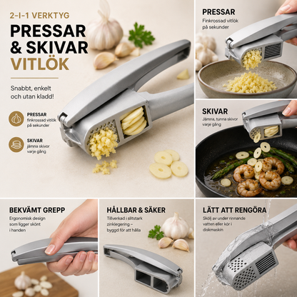2-i-1 Vitlökspress & Skivare