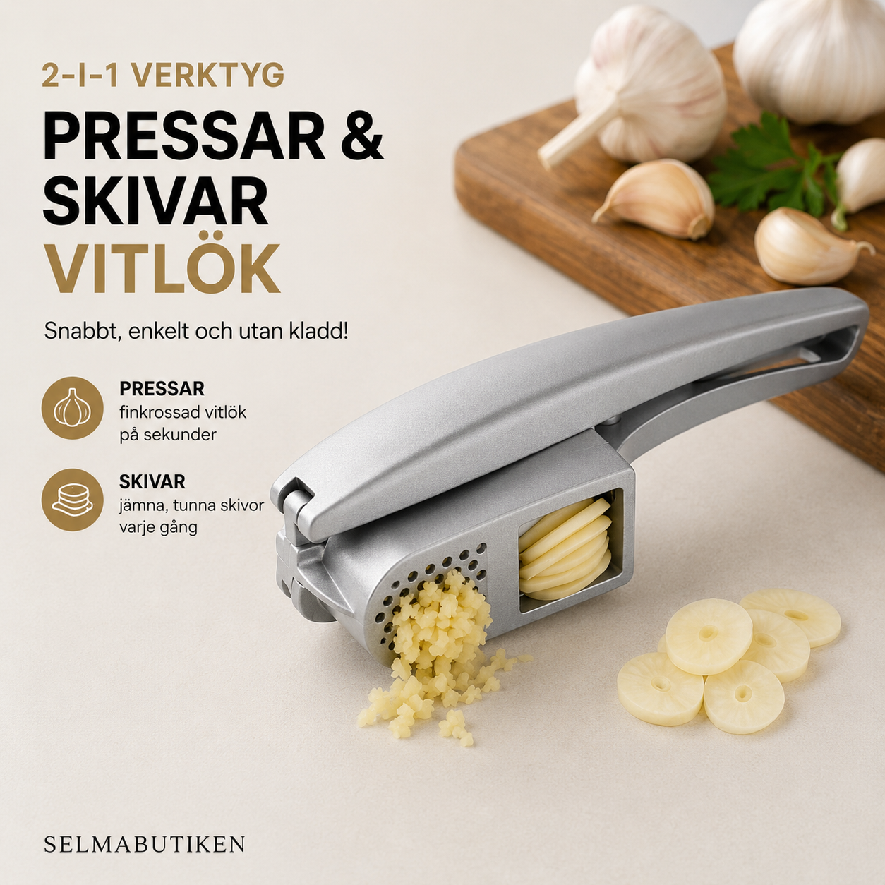 2-i-1 Vitlökspress & Skivare